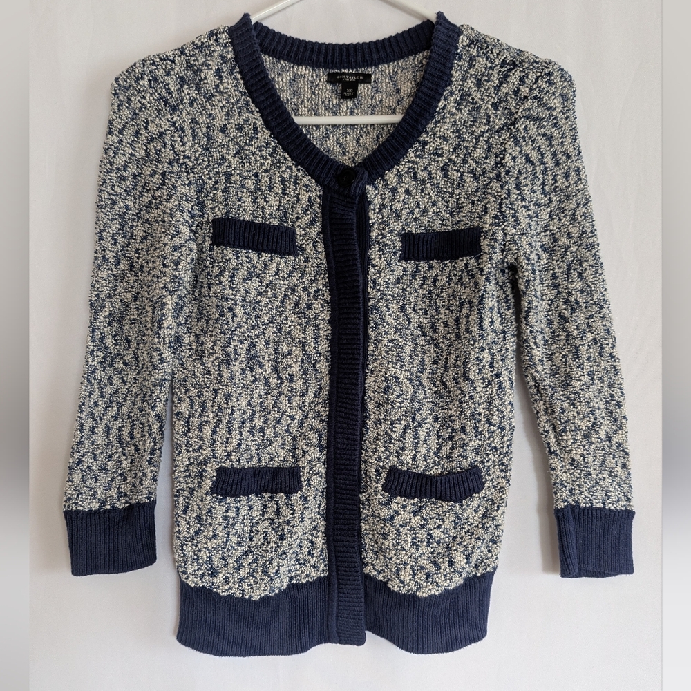 Ann Taylor XS Navy Blue Cream Textured Cardigan 3/4 Sleeves
